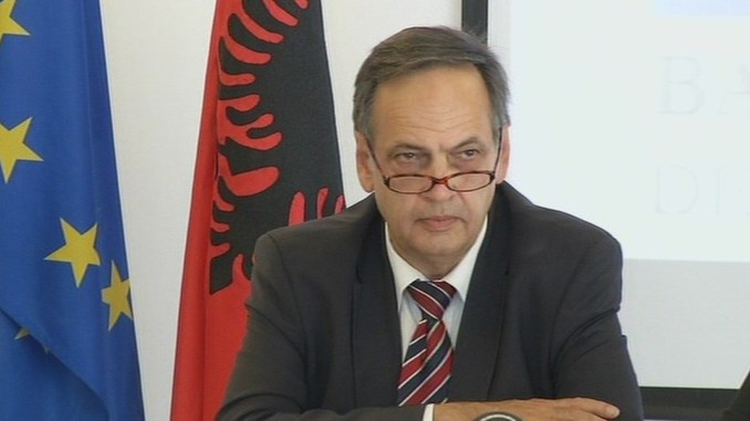 MEP Knut Fleckenstein during today's press conference in Tirana